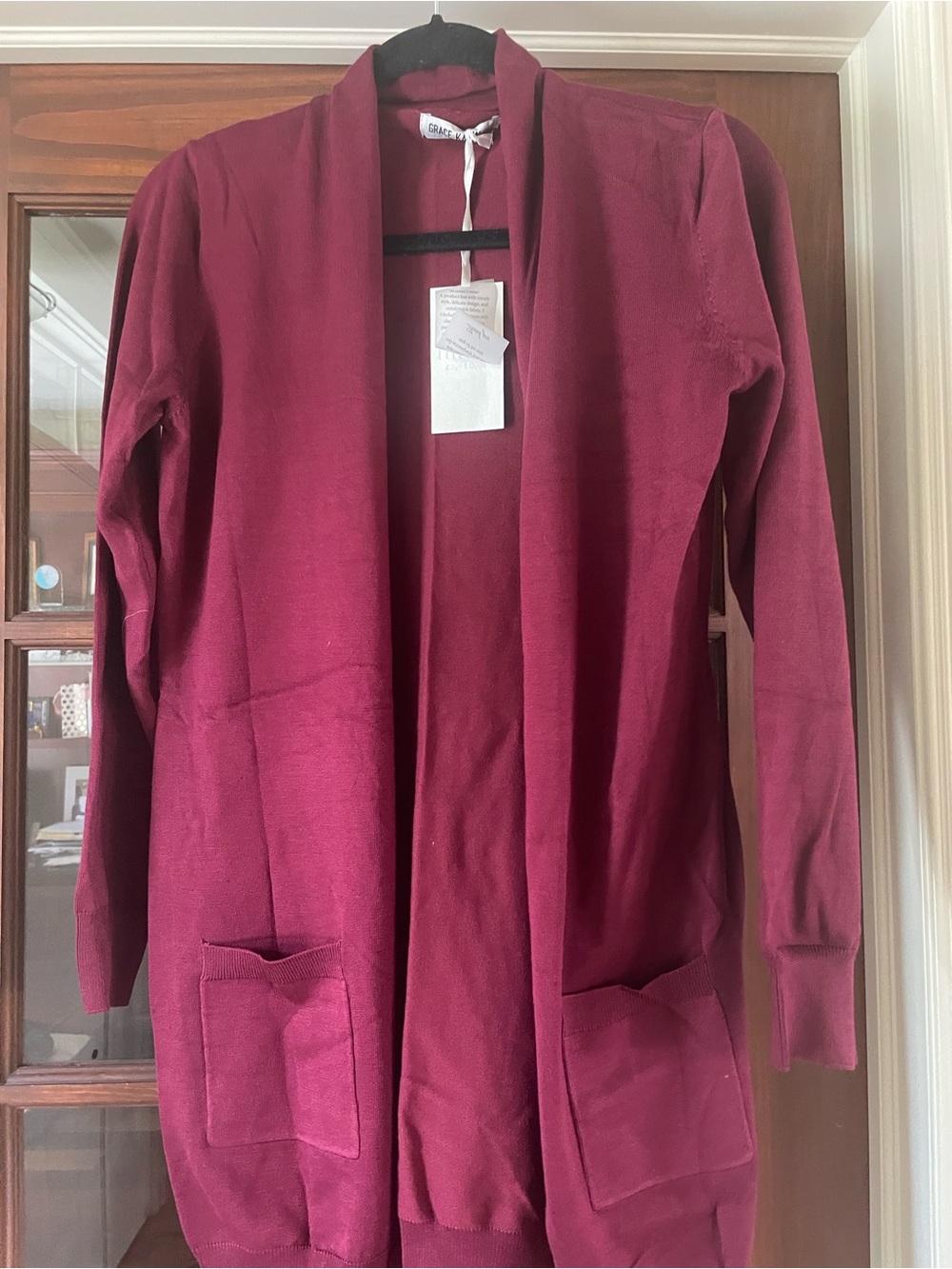 Grace Karin Open-Front Wine Red Cardigan with Pockets